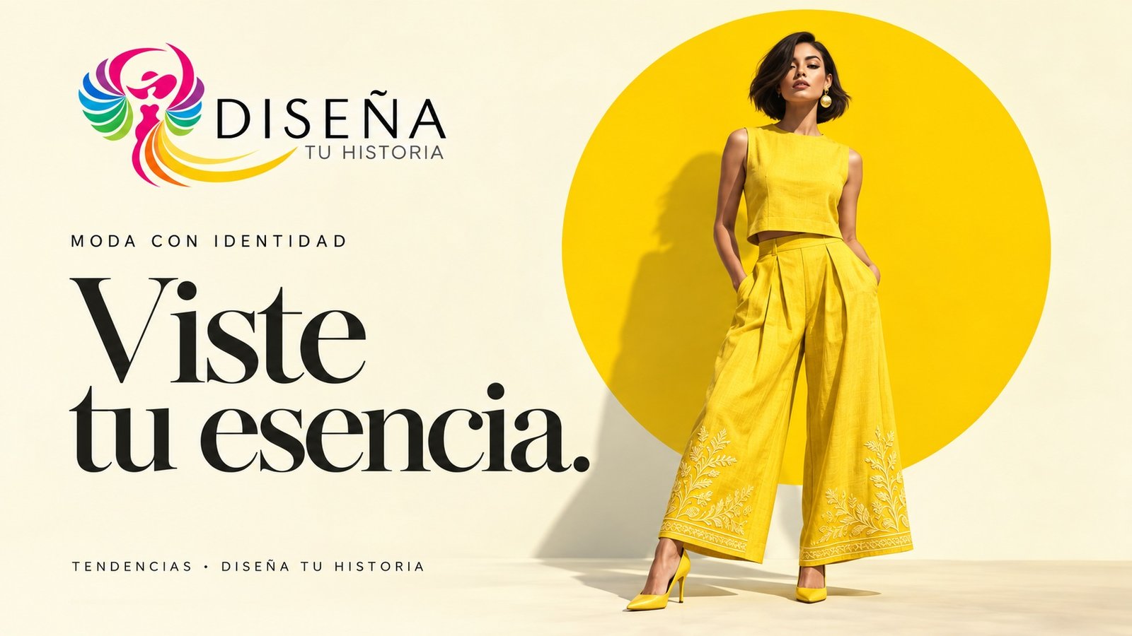 Viste tu esencia: mujer con outfit amarillo frente a un círculo amarillo y logotipo de Diseña tu Historia