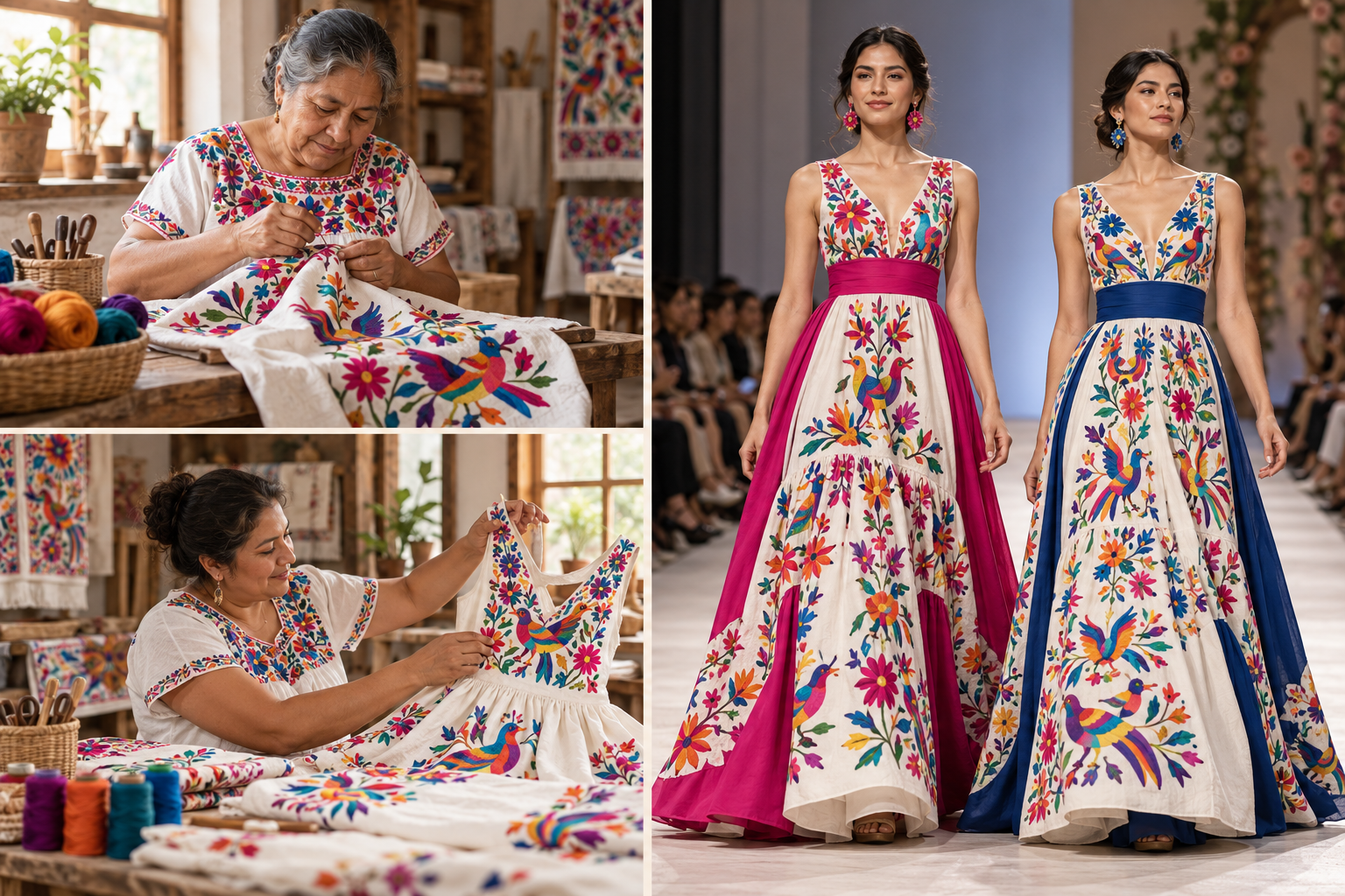 Collage ilustrativo inspirado en las artesanas hidalguenses: mujeres bordando y confeccionando, junto a modelos en pasarela con vestidos de bordados multicolores.