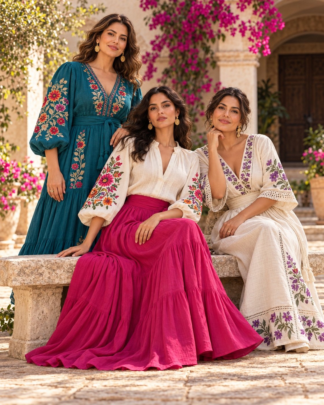 Composición editorial de tres mujeres con prendas artesanales