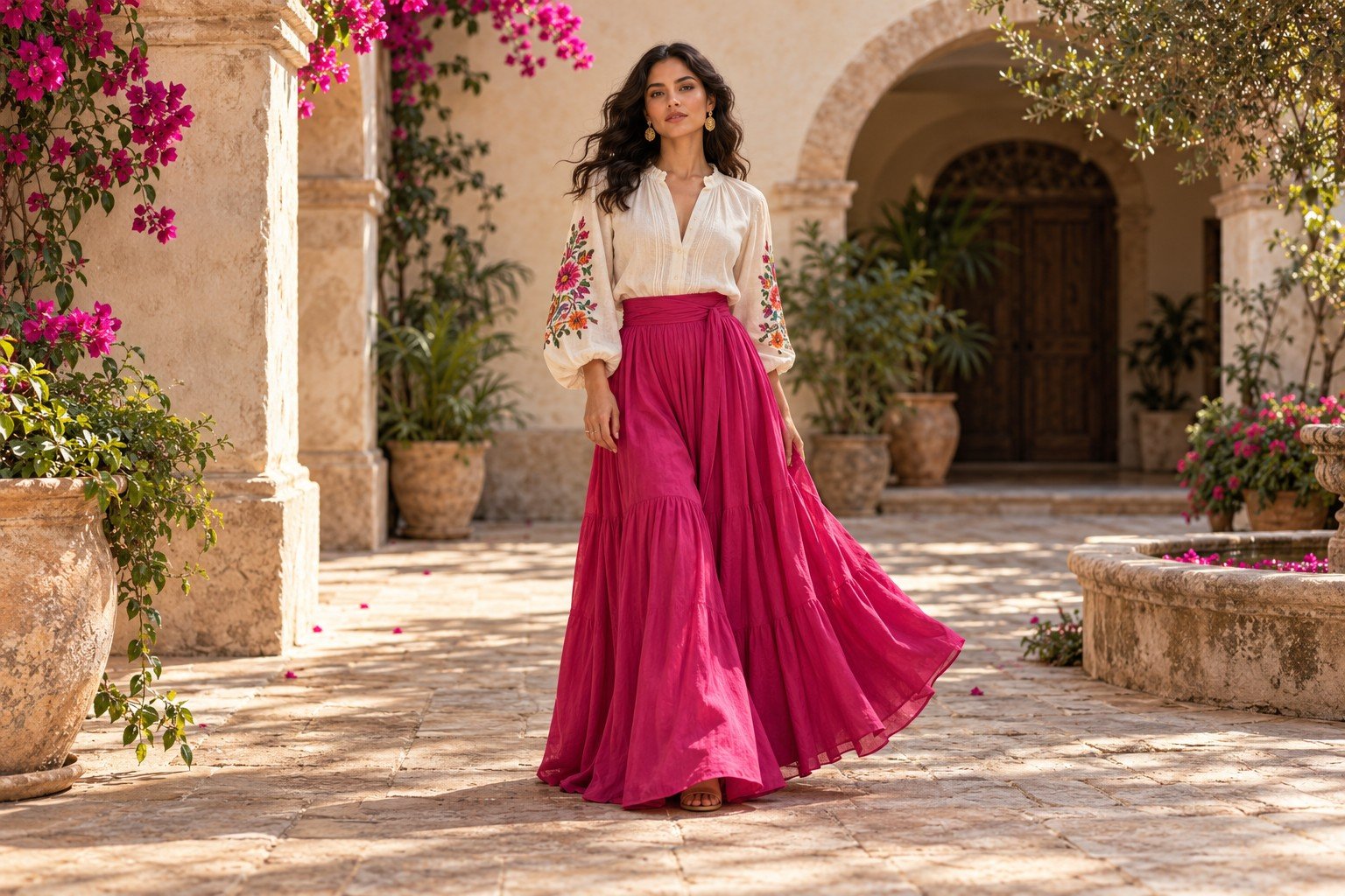 Propuesta editorial de moda artesanal: blusa bordada y falda fucsia